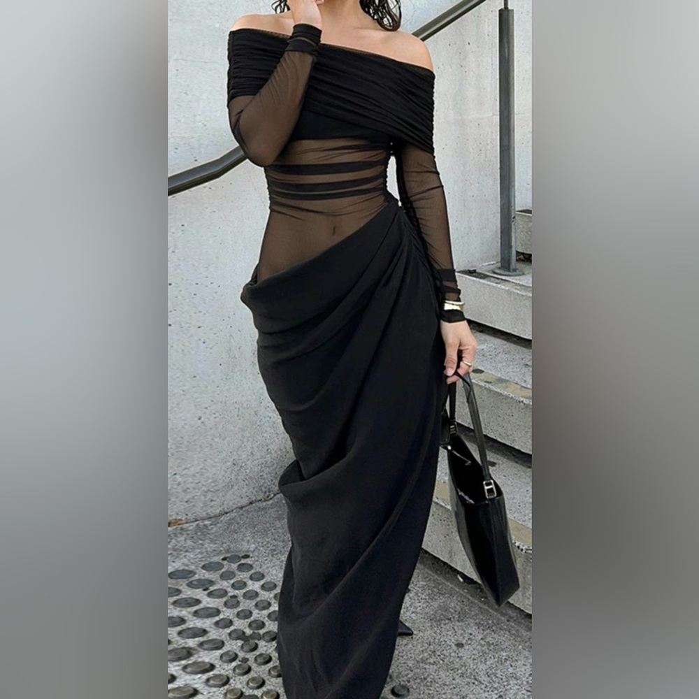 Long Black Semi Sheer Dress